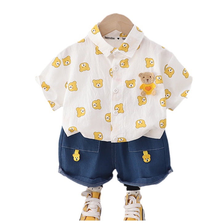 2 Pieces Set Baby Kid Boys Animals Cartoon Print Shirts And Solid Color Shorts