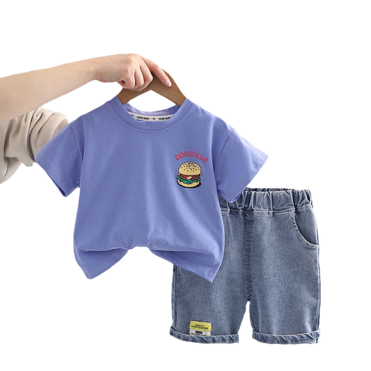 2 Pieces Set Baby Kid Boys Letters Cartoon Print T-Shirts And Solid Color Shorts