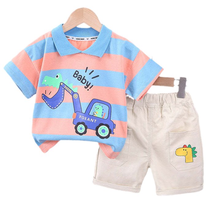 2 Pieces Set Baby Kid Boys Striped Letters Cartoon Print Tops And Shorts