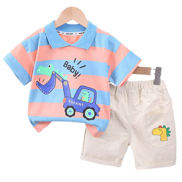 2 Pieces Set Baby Kid Boys Striped Letters Cartoon Print Tops And Shorts