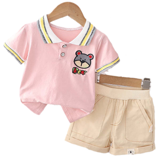 2 Pieces Set Baby Kid Boys Cartoon Polo Shirts And Solid Color Shorts