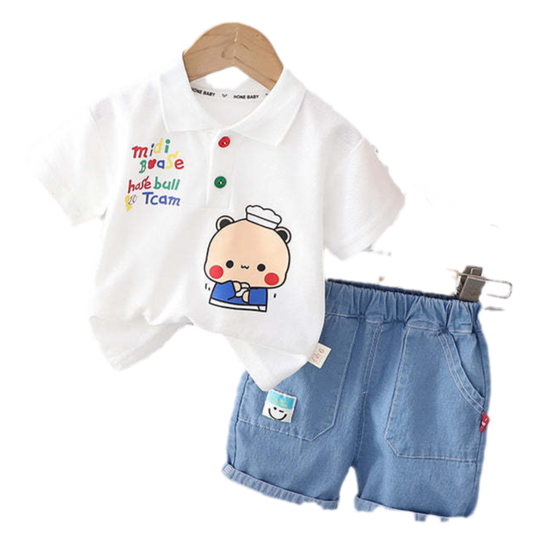 2 Pieces Set Baby Kid Boys Letters Cartoon Polo Shirts And Expression Shorts