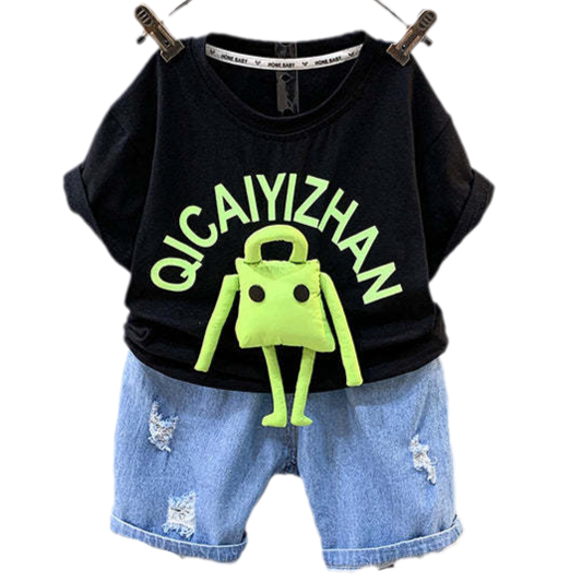 2 Pieces Set Baby Kid Boys Letters T-Shirts And Ripped Shorts