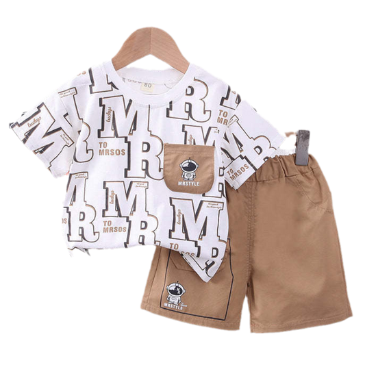 2 Pieces Set Baby Kid Boys Letters Tops And Solid Color Shorts