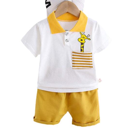 2 Pieces Set Baby Kid Boys Striped Cartoon Print Polo Shirts And Solid Color Shorts