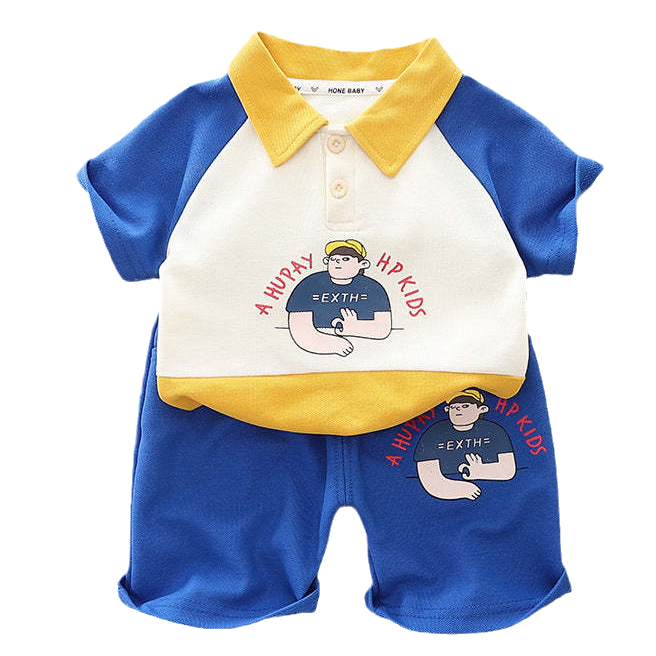 2 Pieces Set Baby Kid Boys Cartoon Print Polo Shirts And Letters Shorts