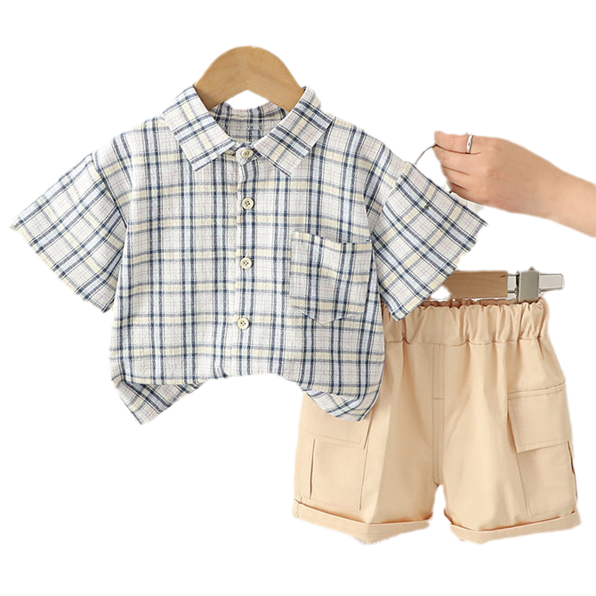 2 Pieces Set Baby Kid Boys Checked Shirts And Solid Color Shorts