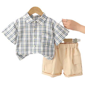 2 Pieces Set Baby Kid Boys Checked Shirts And Solid Color Shorts