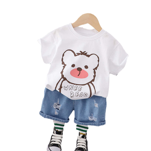 2 Pieces Set Baby Kid Boys Letters Cartoon Print T-Shirts And Ripped Shorts