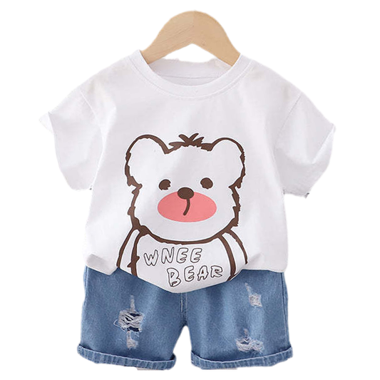 2 Pieces Set Baby Kid Boys Letters Cartoon Print T-Shirts And Ripped Shorts