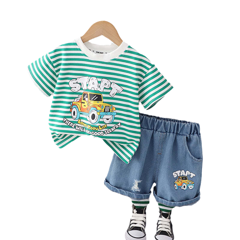 2 Pieces Set Baby Kid Boys Striped Letters Car Print T-Shirts And Shorts