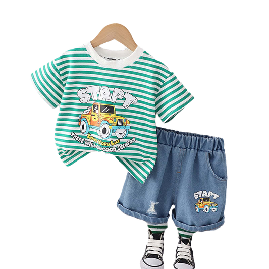 2 Pieces Set Baby Kid Boys Striped Letters Car Print T-Shirts And Shorts