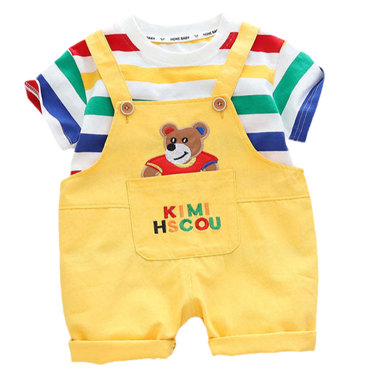 2 Pieces Set Baby Kid Boys Striped T-Shirts And Cartoon Embroidered Jumpsuits