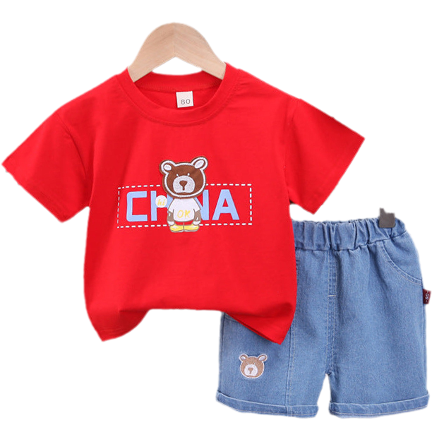 2 Pieces Set Baby Kid Boys Letters Cartoon Print T-Shirts And Embroidered Shorts