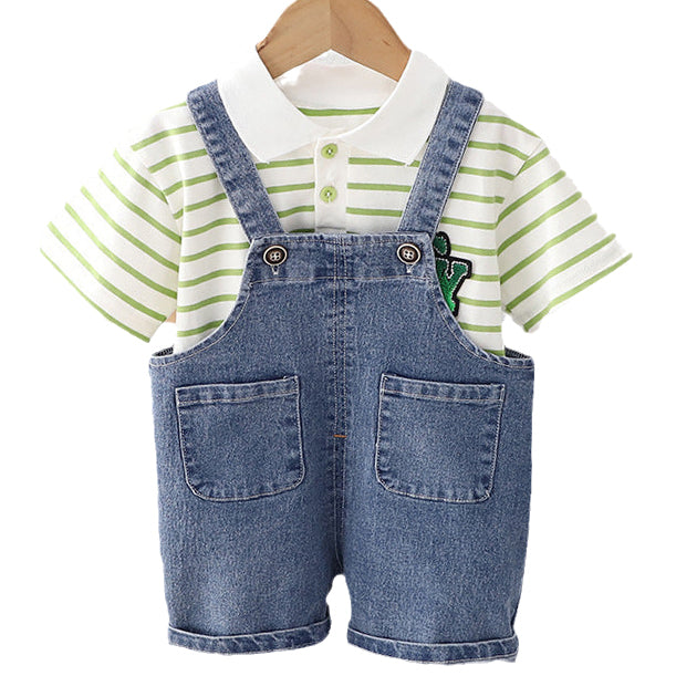 2 Pieces Set Baby Kid Boys Striped T-Shirts And Solid Color Jumpsuits