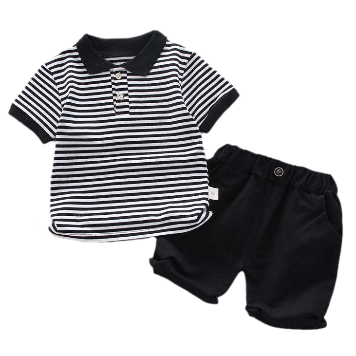 2 Pieces Set Baby Kid Boys Striped Polo Shirts And Solid Color Shorts