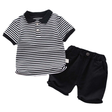 2 Pieces Set Baby Kid Boys Striped Polo Shirts And Solid Color Shorts