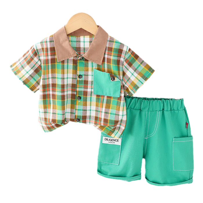 2 Pieces Set Baby Kid Boys Checked Shirts And Letters Shorts