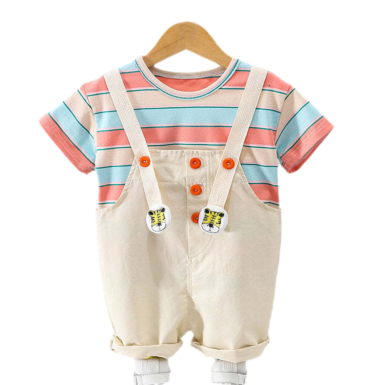 2 Pieces Set Baby Kid Boys Striped Color-blocking T-Shirts Cartoon And Embroidered Rompers