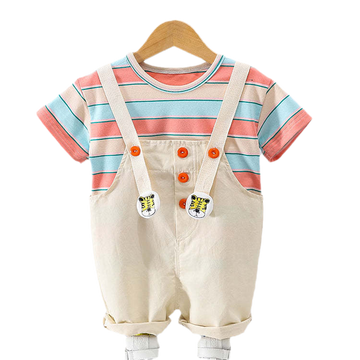 2 Pieces Set Baby Kid Boys Striped Color-blocking T-Shirts Cartoon And Embroidered Rompers