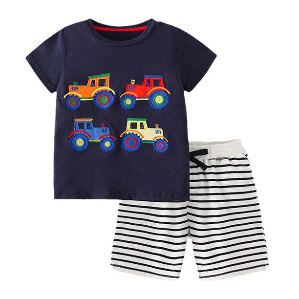 2 Pieces Set Kid Boys Car Print T-Shirts And Striped Shorts