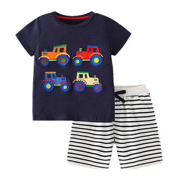 2 Pieces Set Kid Boys Car Print T-Shirts And Striped Shorts