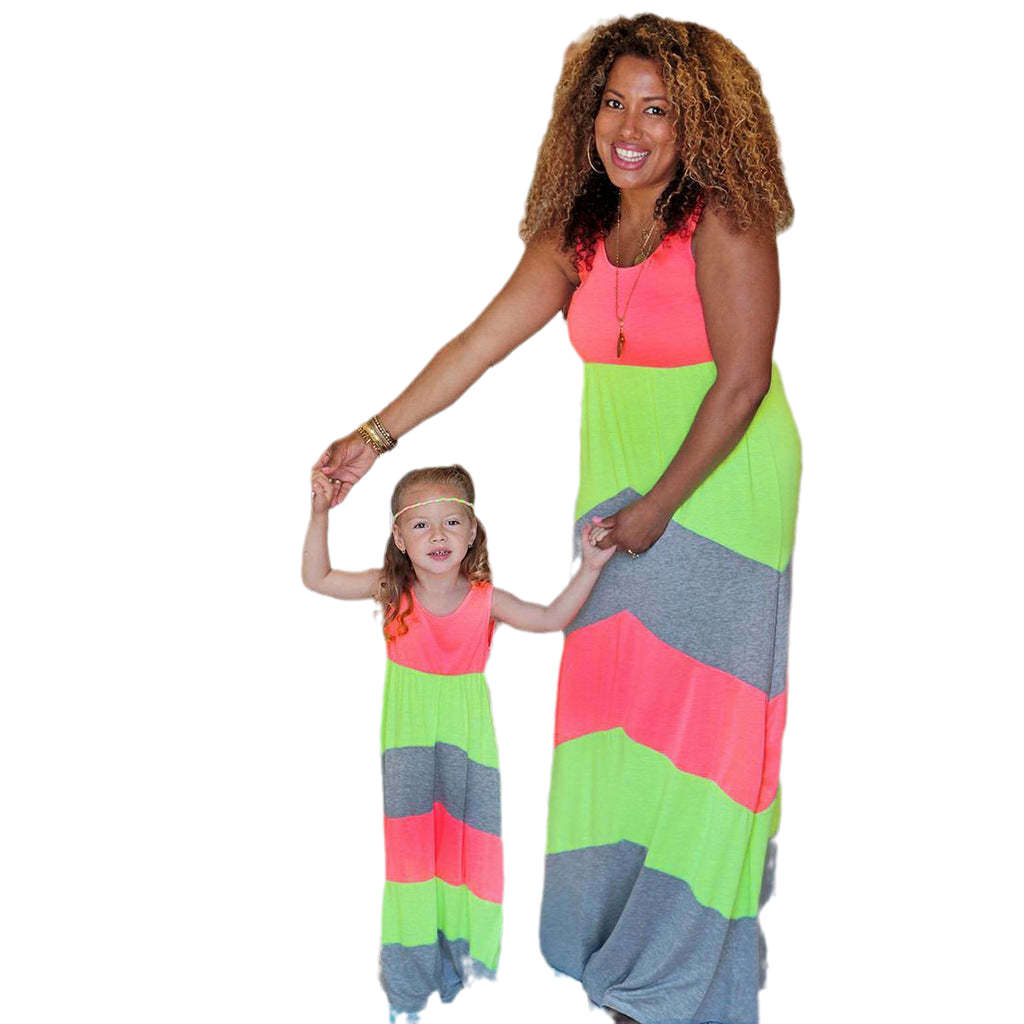 Mommy And Me Baby Kid Color-blocking Dresses