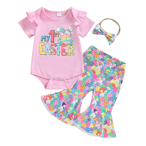 3 Pieces Set Baby Girls Easter Letters Print Rompers Cartoon Pants And Bow Headwear