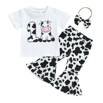 3 Pieces Set Baby Girls Cartoon Print T-Shirts Cow Pants And Bow Headwear