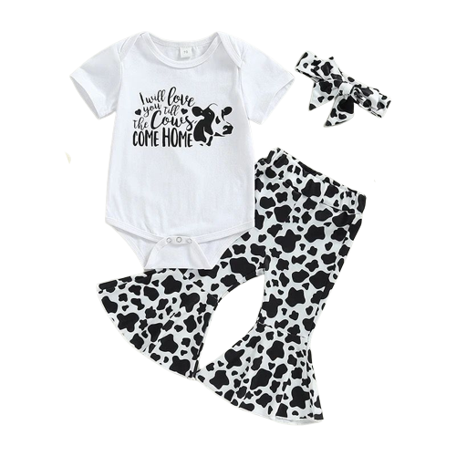 3 Pieces Set Baby Girls Animals Print Rompers Cow Pants And Bow Headwear