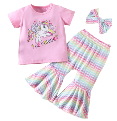 3 Pieces Set Baby Kid Girls Letters Cartoon Print T-Shirts And Pants And Bow Headwear