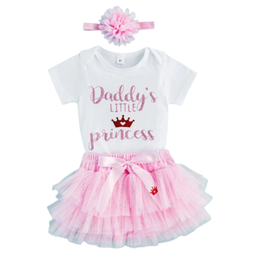 3 Pieces Set Baby Girls Letters Print Rompers And Solid Color Bow Skirts And Flower Headwear