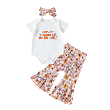 3 Pieces Set Baby Girls Letters Flower Print Rompers And Pants And Bow Headwear