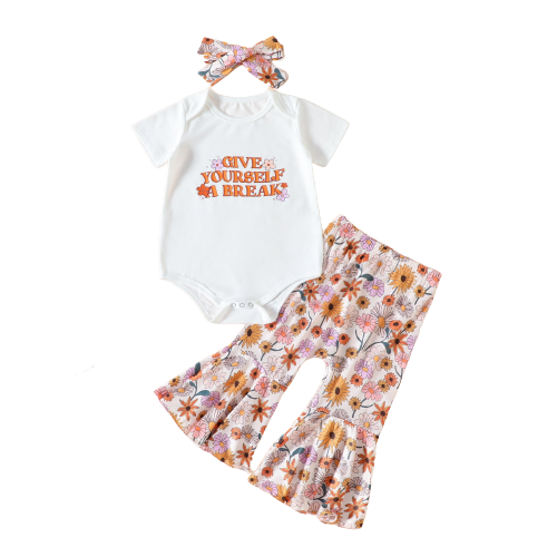 3 Pieces Set Baby Girls Letters Flower Print Rompers And Pants And Bow Headwear