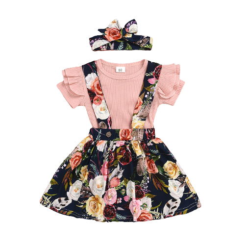 3 Pieces Set Kid Girls Solid Color Tops And Flower Print Dresses And Bow Headwear