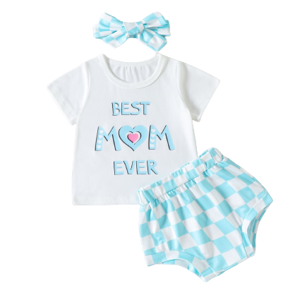 3 Pieces Set Baby Girls Letters Print T-Shirts And Leopard Love heart Checked Shorts And Bow Headwear