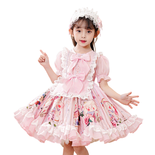 Cute Kid Girls Cartoon Bow Print Birthday Dresses Princess Dresses