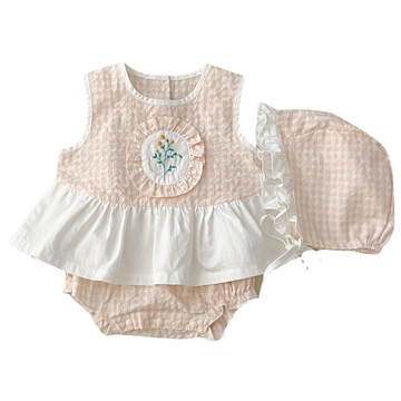 3 Pieces Set Baby Girls Flower Embroidered Tops Checked Shorts And Hats