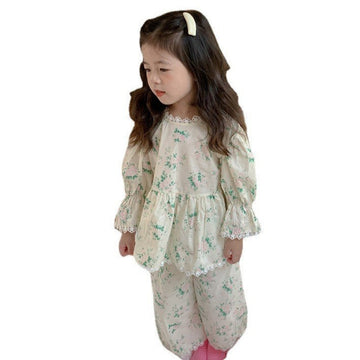 2 Pieces Set Baby Kid Girls Flower Print Tops And Pants Sleepwears