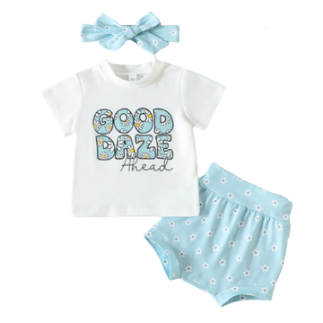 3 Pieces Set Baby Girls Letters Flower Print T-Shirts Shorts And Bow Headwear