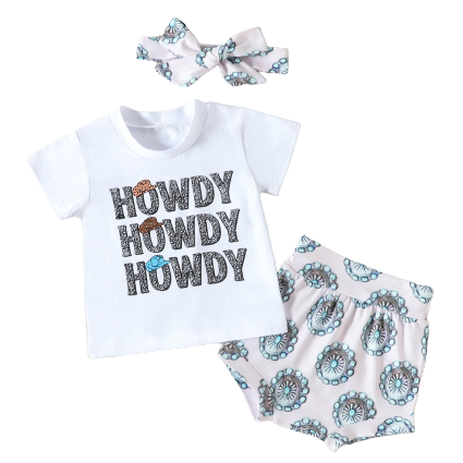 3 Pieces Set Baby Girls Letters T-Shirts Cartoon Print Shorts And Bow Headwear