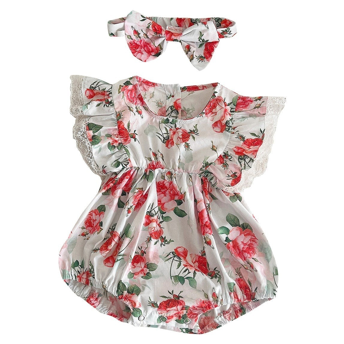 Baby Girls Flower Print Rompers And Dresses Headwear