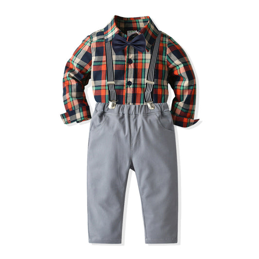 2 Pieces Set Kid Boys Checked Bow Shirts And Solid Color Pants