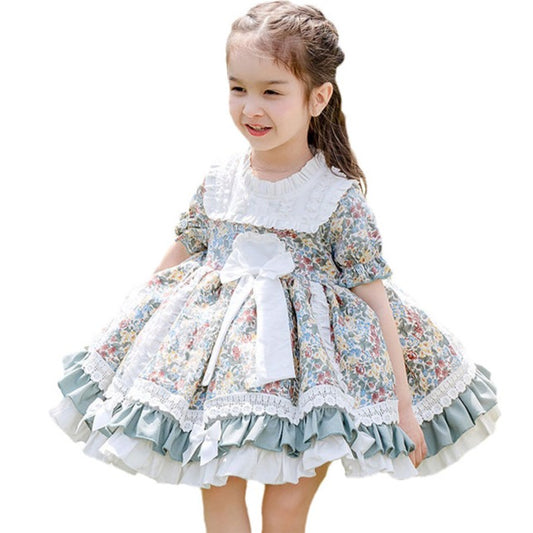 Baby Kid Girls Bow Lace Print Birthday Party Dresses Princess Dresses