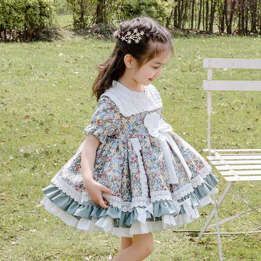 Baby Kid Girls Bow Lace Print Birthday Party Dresses Princess Dresses