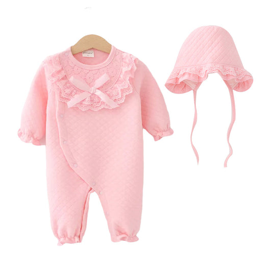 2 Pieces Set Baby Girls Solid Color Bow Jumpsuits