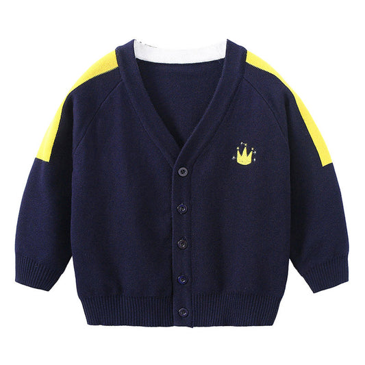 Kid Boys Color-blocking Cartoon Embroidered Cardigan