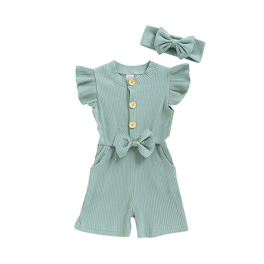 2-Piece Baby Kid Girl Flutter Sleeve Ribbed Plain Romper And Headband