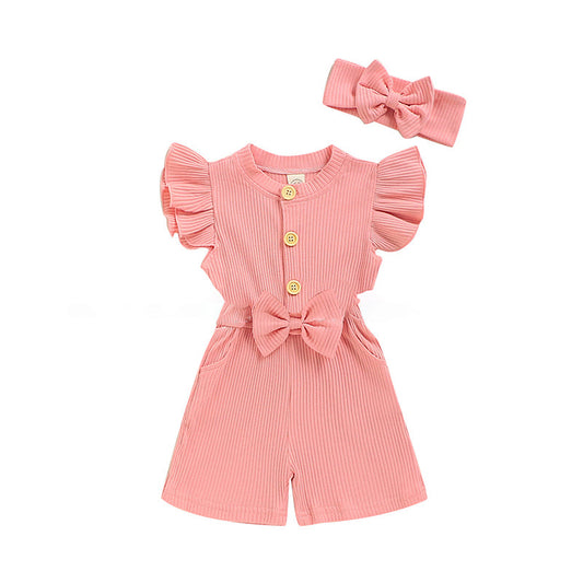 2-Piece Baby Kid Girl Flutter Sleeve Ribbed Plain Romper And Headband