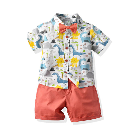 2 Pieces Set Baby Kid Boys Beach Dinosaur Cartoon Print T-Shirts And Solid Color Shorts